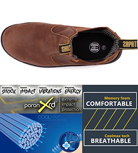 DIIG Work Boots for Men, Soft/Steel Toe Waterproof Working Boots, Slip Resistant Anti-Static Slip-on Safety EH Working Shoes 6 8 9 10 11 12 13 (Brown)4