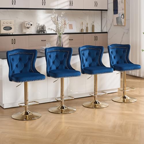 Butacos Giratorios Ajustables de Terciopelo, Juego de 6 Sillas Altas para Barra con Detalle de Anilla en Forma de León y Espalda Alta Acordonada, Estilo Moderno para Isla de Cocina, Azul Marino y Dorado miniatura 2