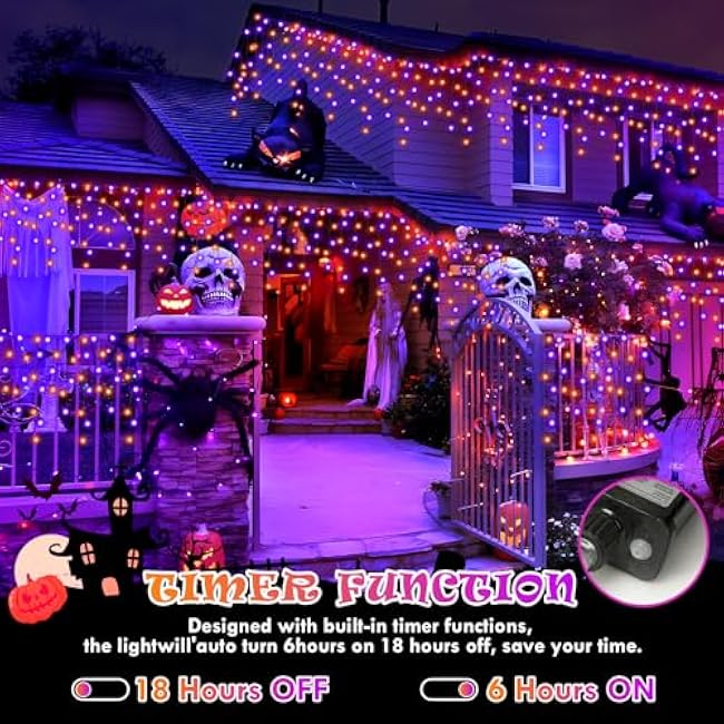Halloween Lights Outdoor Decorations, 640 LED 66FT Orange and Purple Light, 8 Modes Plug in 120 Drops Ice String Lights with Timer Memory Function Hanging Light for Halloween Party Decor