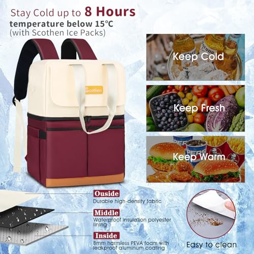 Image of Scothen Backpack Cooler with Double Decker & 12 Ice Packs- Keeps 36 Cans Cold for Up to 24 Hours- Waterproof & Leak Proof Insulated Cooler Backpack- Stylish Cooler Bookbag for Women Travel Work Beach