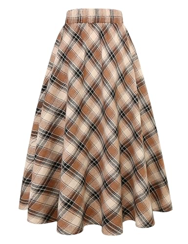 IDEALSANXUN Women's Plaid Skirt Elastic Waist A-line Midi Pleated