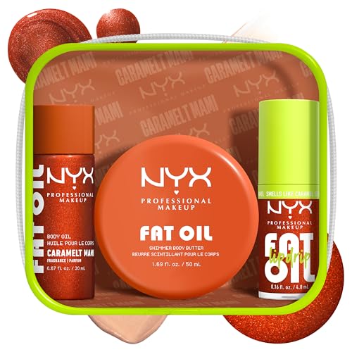 NYX Gift Set Fat Oil Lip & Body Kit - Suga Baddie 3-Piece Travel Size Set with Lip Oil Whipped Body Butter & Shimmering Body Oil Sweet Vanilla Scent Vegan & Cruelty-Free Caramelt Mami