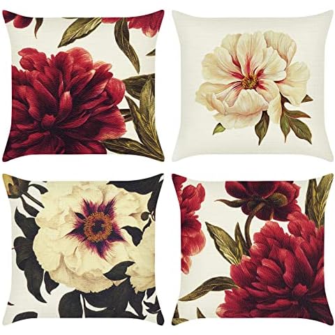 Bonhause Red Flower Cushion Covers 45 x 45 cm Set of 4 Peony Floral Decorative Throw Pillow Covers Polyester Linen Pillowcases for Sofa Couch Outdoor Home Decor Cover
