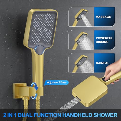 Image of Shower Faucet Set, 12 inch Ceiling Mount Rainfall Shower System with 2 Rain Shower Head and Multi-function Handheld Head Push Button Diverter Shower Faucet Trim Kit (12 inch, Brushed Gold)