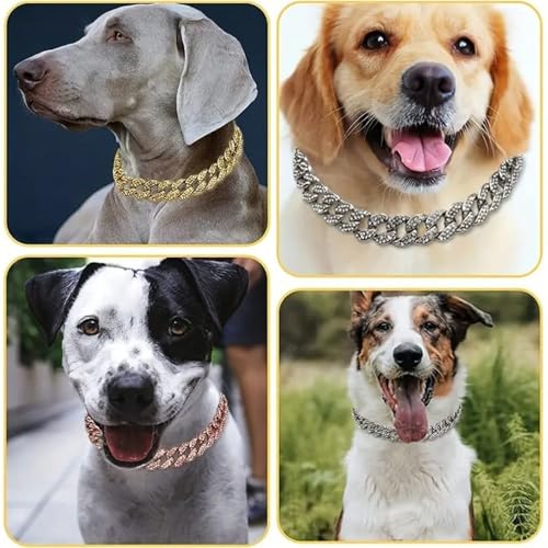 Image of Silver Dog Chain Collars for Large Dogs with Diamond，Bling Metal Cuban Link Dog Collars,Rhinestone Dog Necklace for Small Medium Large Pet Dogs Cats，20 Inch