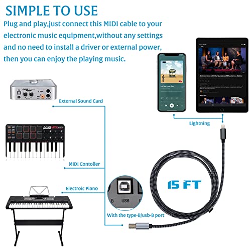 Image of Lightning to MIDI Cable USB OTG Type B Cable for Select iPhone, iPad Models for Midi Controller, Electronic Music Instrument, Midi Keyboard, USB Microphone (15FT)
