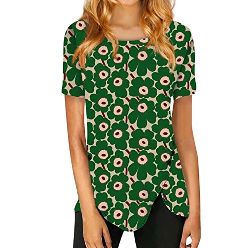 Green L T Shirts For Teen Girls Short Sleeve Crew Neck Tops Basic Button Down Shirts Floral Print Asymmetrical Blouses Loose Fit T-Shirts Blouse #TOP4