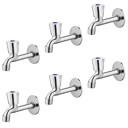 Spazio Stainless Steel Crown Collection Long Body Taps (Pack of 6) for Bathroom/Kitchen Taps Foam Flow Water with Wall Flange Chrome Plated Brass Disc, Bib Tap Faucet (Wall Mount Installation Type)