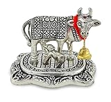 NOBILITY Pooja Items Diwali Gift Silver Antique Small Kamdhenu Cow with Calf Metal Statue Decorative Item Showpiece for Home Office Decoration Wedding Return Gifts