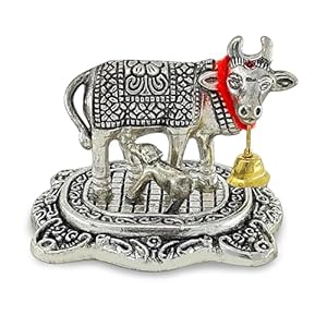 NOBILITY Pooja Items Diwali Gift Silver Antique Small Kamdhenu Cow with Calf Metal Statue Decorative Item Showpiece for Home Office Decoration Wedding Return Gifts