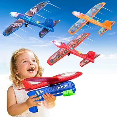 Kids Toys Gifts for 4 5 6 7 8 9 10 11 12 + Year Old Boys Girls Cool Birthday Outdoor Educational Airplane Launcher Toy 3 Pack Led Light Foam Glider Planes Airplanes with 3 Sets of Themed DIY Stickers