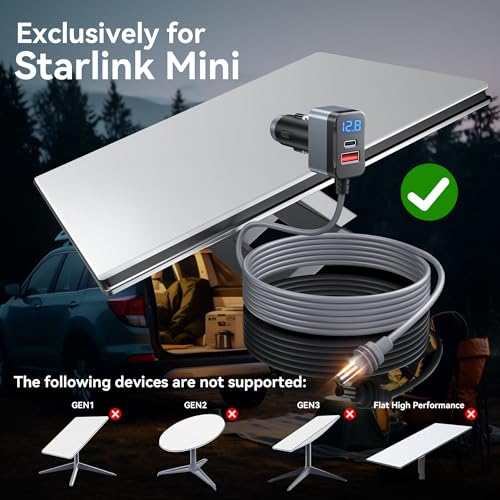 Starlink Mini Cable, 12V-24V Car Charger DC Power Cable+ Cigarette Lighter Adapter, LED Digital Display Durable Waterproof Cord 10FT/3M with USB C PD 30W and USB A Ports for Trucks and Car — view 2