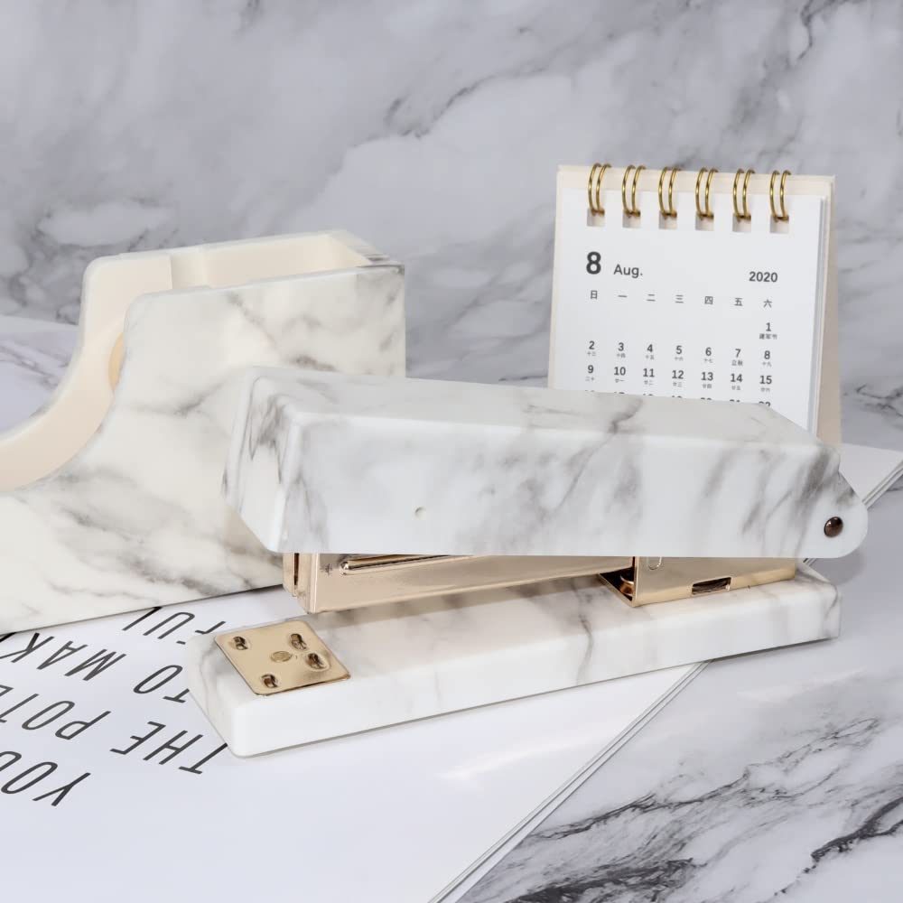 Dispenser per nastro adesivo, Mini Marble Stapler e set dispenser for nastro adesivo - Elegante spillatrice da tavolo for ufficio e arredamento scolastico(White)