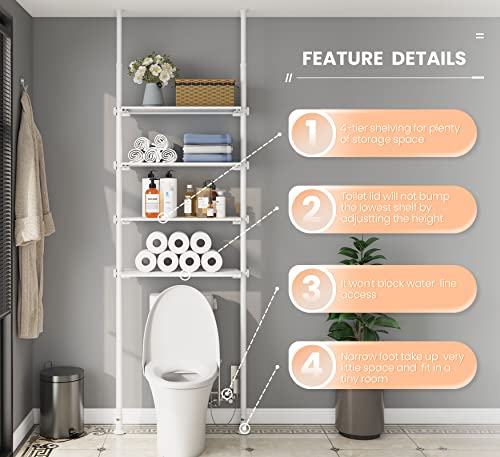 Allzone Over The Toilet Storage Cabinet, 4-Tier Over Toilet Bathroom Organizer, Adjustable Bathroom Shelves Over Toilet, Fit Most Showers On Above Toilet Storage, 93 To 116 Inch, Metal Shelves,White #TOP4
