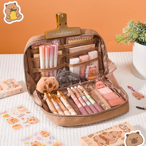 LTFIOON Capybara Schreibwaren Set, Capybara Federmäppchen mit Fächern, Süßes Capybara Mäppchen Geschenkset für Kinder & Schüler, Inkl. Stifte, Clips, Linealen und Mehr, für Schule, Büro, Kunst