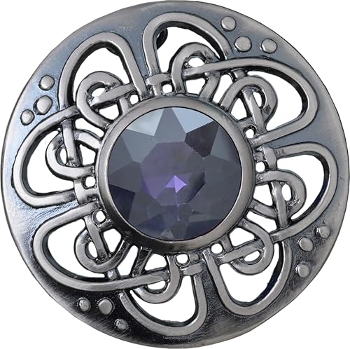 Image of Elegant Culloden Plaid Brooch - Scottish Kilt Fly Plaid Brooch Intricate Celtic Knot in Pewter with Gemstone 3-Inch Diameter - Ideal for Scottish Kilts & Formal Wear