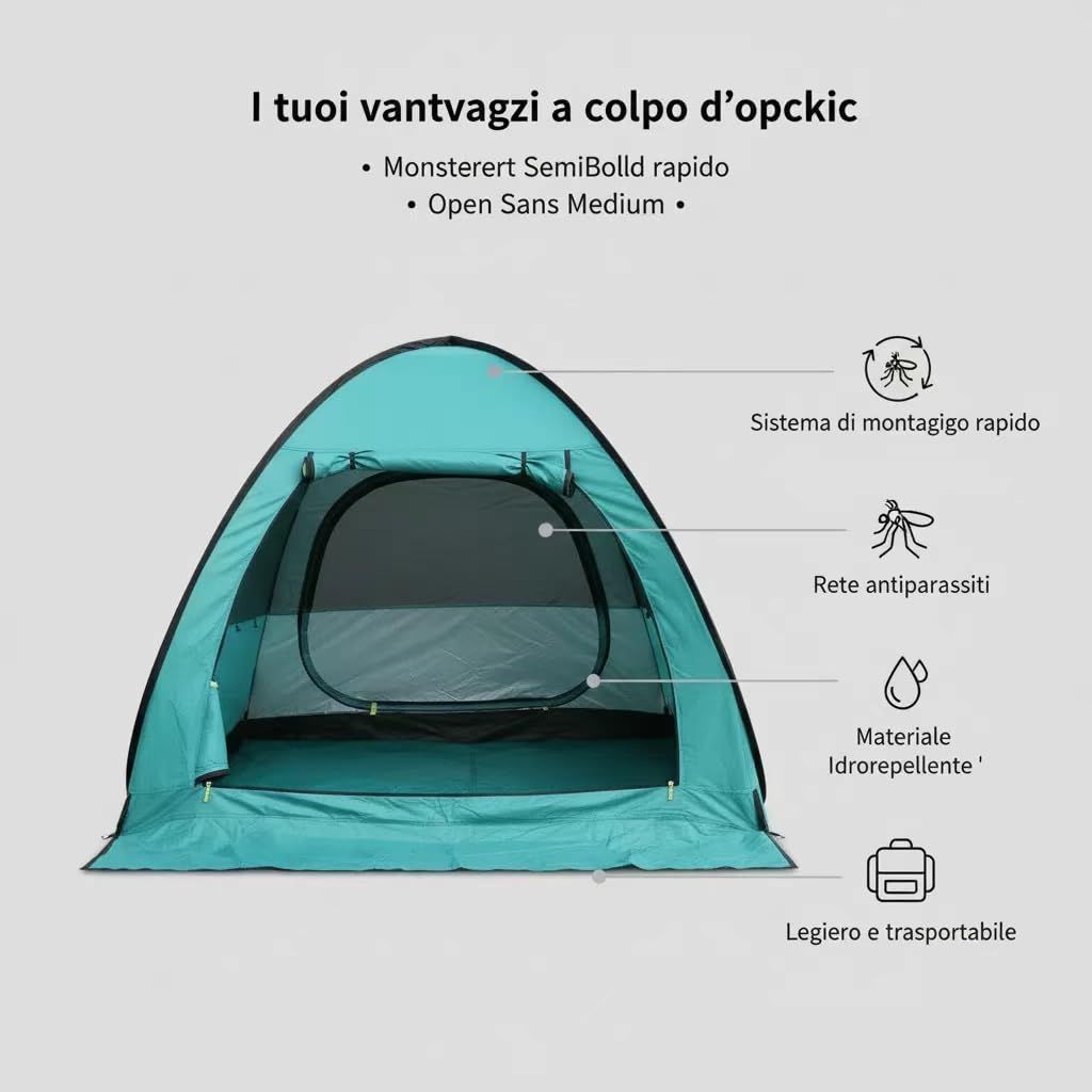 Tenda Da Campeggio per 2-3 Persone, Tenda Da Sole Spiaggia Portatile, Apertura Rapida, Leggero, Parasole, Impermeabile, Accessori Campeggio per Escursionismo, Viaggi, Attività All'aperto