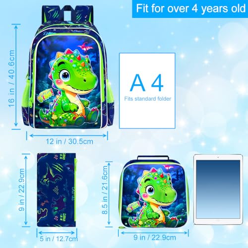 Image of AGSDON 3PCS Dinosaur Backpack for Boys, 16 inch Little Kids Preschool Bookbag, Elementary Backpacks and Lunch Box - Green
