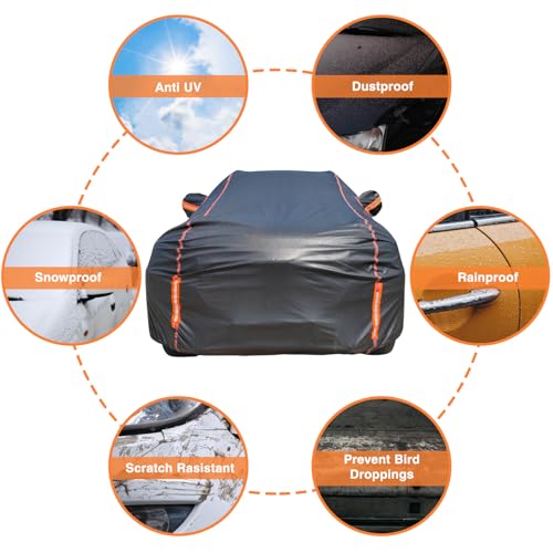 Image of Car Cover Waterproof All Weather, 6 Layers Full Exterior Covers with Zipper Cotton, Mirror Pocket. Outdoor Car Cover UV Snow Rain Wind Dust All Weather Outdoor Protection for SUV (185-190 inch)