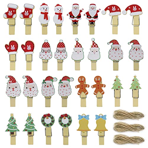 Wäscheklammern Weihnachten Foto Clips 30 Stücke Mini Holzklammern Deko Weihnachten Mini Holzwäscheklammer Mini Holzklammern Weihnachten Filz Für Fotos mit Juteschnur (15 pcs Muster Miniklammern) Cover