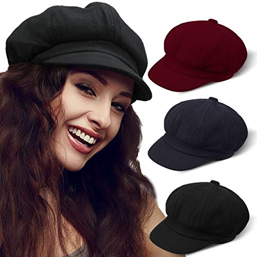 3 Pieces Newsboy Cap Adjustable Visor Beret Soft 8 Panel Vintage Cabbie Hat Octagonal Cap (Navy Blue, Wine Red, Black) #TOP2