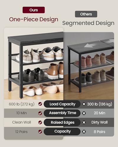 Image of VASAGLE 3 Tier Shoe Rack Bench, One Piece Shelves, Industrial Style | Shoe Storage Organizer with Raised Edges, Easy Assembly, 11 x 39.4 x 19.7 Inches, Charcoal Gray and Matte Black ULSB075BA01S