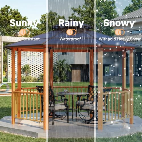 EROMMY 14.5' x 14.5' Gazebo, Outdoor Octagon Gazebo with Polycarbonate Double Roof, Wooden Finish Coated Aluminum Pavilion with Fence Rails and Ceiling Hooks for Garden, Patio, Lawn, Deck - Image 7