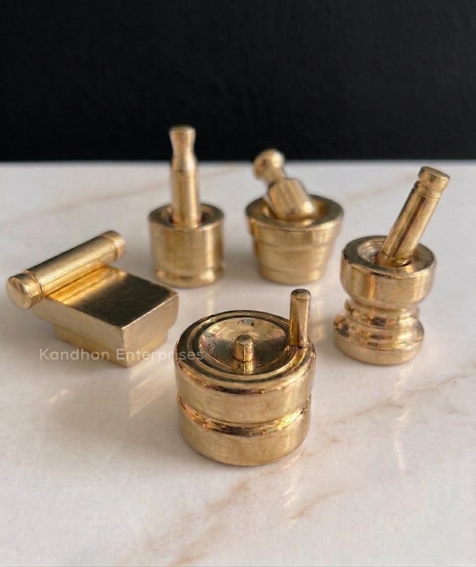 Brass Miniature House Warming Gift Set | Gowramma, Gowri Pooja, Varalakshmi Pooja Set,5 Pieces-image-0