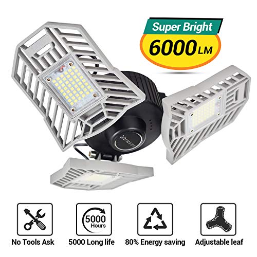 BEBANG Deformable Iluminación de garaje, 60W 6000LM luz de techo de garaje con 3 Paneles Ajustables de 90° trabajar para garaje taller sótano