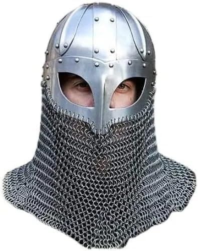 Large Polished Metal Viking Chainmail Aventail Helmet with Aventail, 15 x 12 x 10 inches