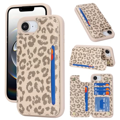 iCoverCase Compatible with iPhone 17e/16e Wallet Phone Case with Card Holder for Women Men [RFID Blocking] Card Slots PU Leather Protective Wallet Case 6.1 Inch (Beige Leopard)