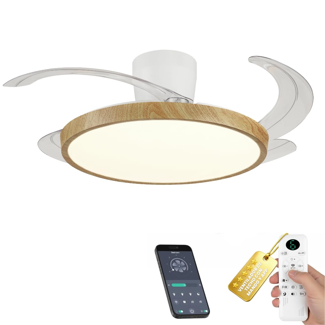 Ventilador de Techo con Luz LED Regulable y App – Motor DC Silencioso Bajo Consumo – Mando a Distancia – Función Verano/Invierno – Luz 3000K-6500K – Moderno para Salón y Dormitorio (Madera, 108 cm)