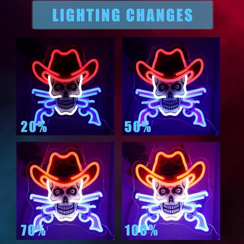 Image of Skull With Gun In Cowboy Hat Neon Sign For Wall Decor, Colorful UV Printed Neon Light with Retro Design, LED Artwork for Bar, Bedroom, Game Room, Man Cave Party Decoration Holiday Birthday Gifts