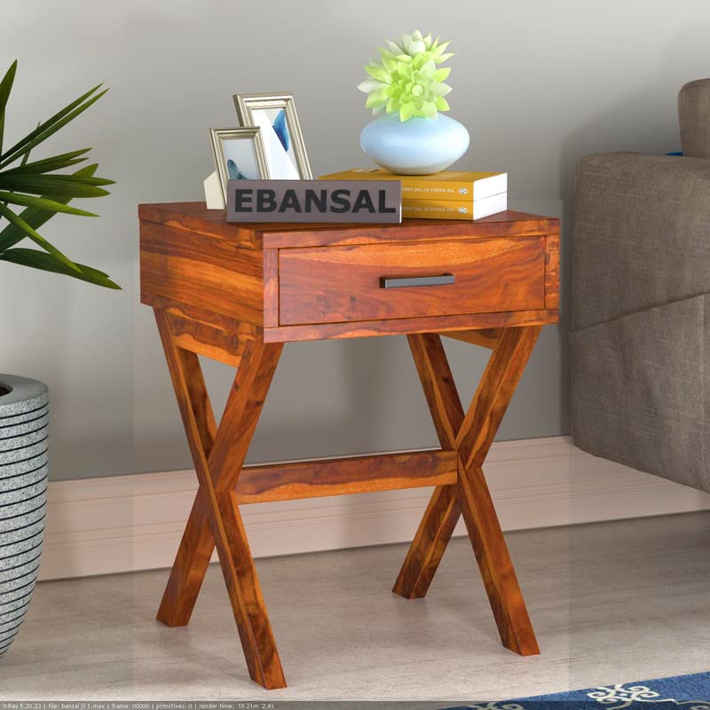 Image of Solid Wood Sheesham Sofa Side Table with 1 Drawer - Honey Finish