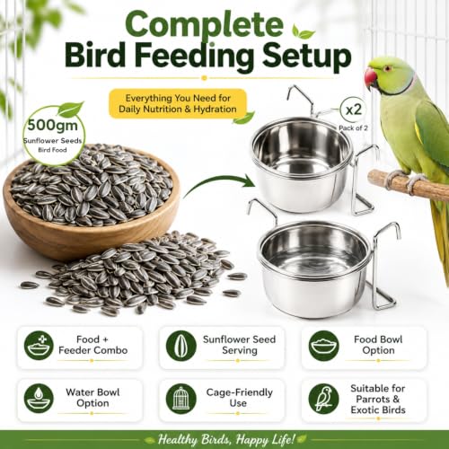Image of Sage Square Bird Feeding Combo | Sunflower Seeds Bird Food 500gm + Stainless Steel Cage Feeder Bowl 250ml Set of 2 | Food, Seed, Water Serving Bowl for Parrot, Macaw, Cockatoo, Exotic Birds