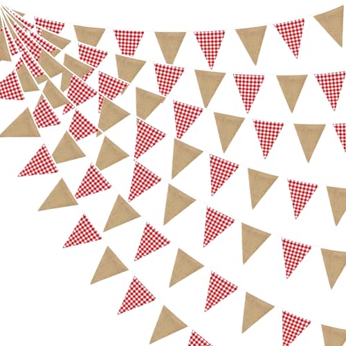 Image of 26Ft Red Plaid Burlap Banner Red Checkered Burlap Pennant Triangle Flag Garland Streamers Vintage Fireplace Wall Hanging for Rustic Birthday Wedding Baby Shower Engagement Boho Picnic Camping Decor