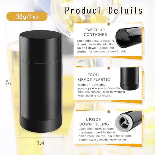 15 Pack 1 oz/30ml Plastic Travel Size Deodorant Container,Empty Round Twist-Up Stick Tube for Homemade Deodorant,Solid Lotion Bars,Body Balm,Soap Sticks,Sunscreen-UPSIDE DOWN FILLING (Black)2