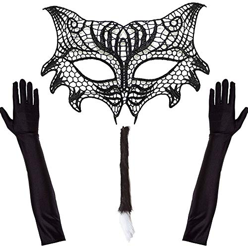 de Coquine Chat Femme Masquerade Déguisement Halloween - Lacets Masque Chat, Long Gants Dentelle, Queue & Fouet - One Size