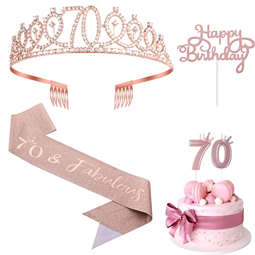 70Th Birthday Decorations For Women, Rose Gold Crown Birthday Party Decorations Birthday Queen Sash And Tiara Set With Number Candles, Cake Topper And Pin (6Pcs) #TOP22