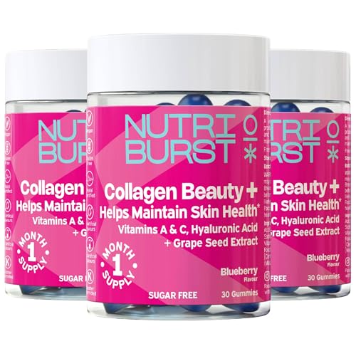 Nutriburst Collagen Beauty - Radiant Skin, Hair & Nails - Hyaluronic Acid, Grape Seed Extract, Biotin, Vitamin A & C - Blueberry Flavour • Vegan & Sugar Free • 90 Gummies (3 Month Supply)