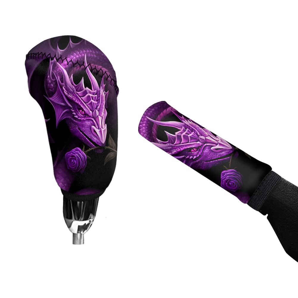Car Interior Decorations Car Shift Knob Cover Set Purple Dragon Print Handbrake Cover for Car Fit for Vehicle Sedan SUV Truck