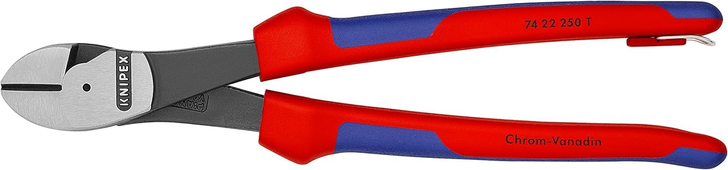 KNIPEX Alicates de corte diagonal de fuerza con fundas multicomponentes, con anilla de fijación integrada para colocar, 74 22 250 T | Con ojal de fijación integrado para fijar un protector contra caídas