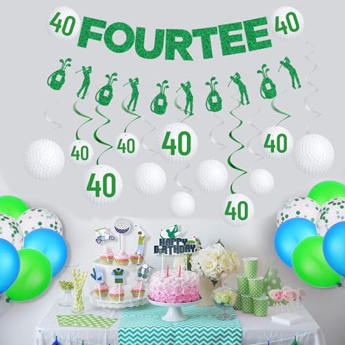 Image of Gameza 40th Birthday Party Decorations, 14PCS Golf Birthday Banner Hanging Swirls Decoration Women Men, Glitter Fourtee Theme Bday Party Decor Supplies