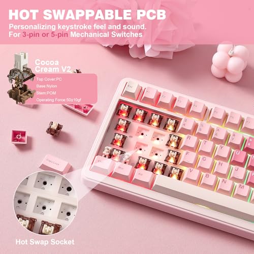 Image of YUNZII B75 PRO Wireless Mechanical Keyboard,75% Layout with Knob,Hot Swap Gasket Custom Structure,Creamy Pre-lubed Switches,RGB Backlit,Bluetooth /Type-C /2.4G for Win /Mac(Cocoa Cream V2 Switch,Pink)