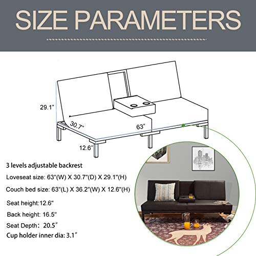 Lokatse Home Futon Sofa Bed Modern Faux Leather Couch Convertible Folding Recliner Living Room Furniture With 2 Cup Holders, Black #TOP1