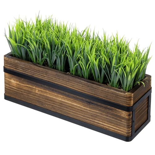 MyGift-14-Inch-Artificial-Green-Grass-Plant-in-Rustic-Burnt-Wood-Planter-Box-with-Industrial-Black-Metal-Accents-Realistic-Greenery-Tabletop-Centerpiece MyGift 14 Inch Artificial Green Grass Plant in Rustic Burnt Wood Planter Box with Industrial Black Metal Accents Realistic Greenery Tabletop Centerpiece