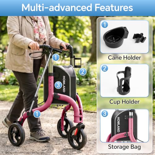 Image of HOMLAND Foldable 3 Wheel Walkers for Seniors, Lightweight 10.4 lbs | with Cane & Cup Holder, Height Adjustable, 8'' big wheel, Ruby Red