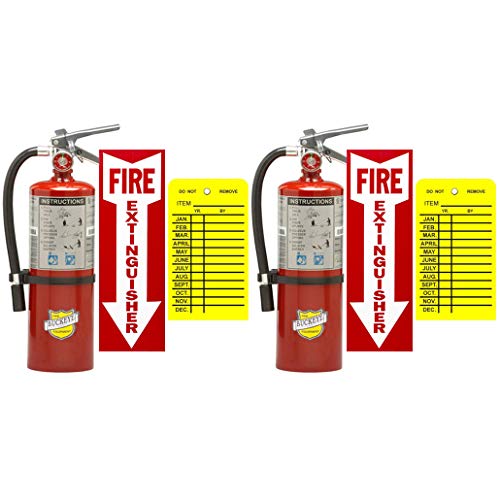 (Lot of 2) Buckeye, 5 Lb. Type ABC Dry Chemical 2-A :10-B:C Fire Extinguishers with 2 Wall Hooks, 2 - Yellow Inspection Tags and Signs