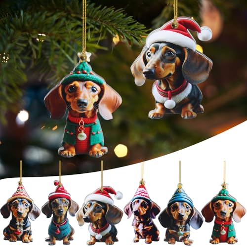 Dackel Weihnachtsbaumschmuck, 6 Stück Weihnachten Dackel Deko, 2D...