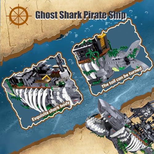 Pirate Ship Set Ghost Shark Pirate Ship Mini Building Blocks Set(1155PCS) Building Set Model Toys Gifts for Kid and Adult,Interesting Gifts for Pirate Ship Enthusiasts